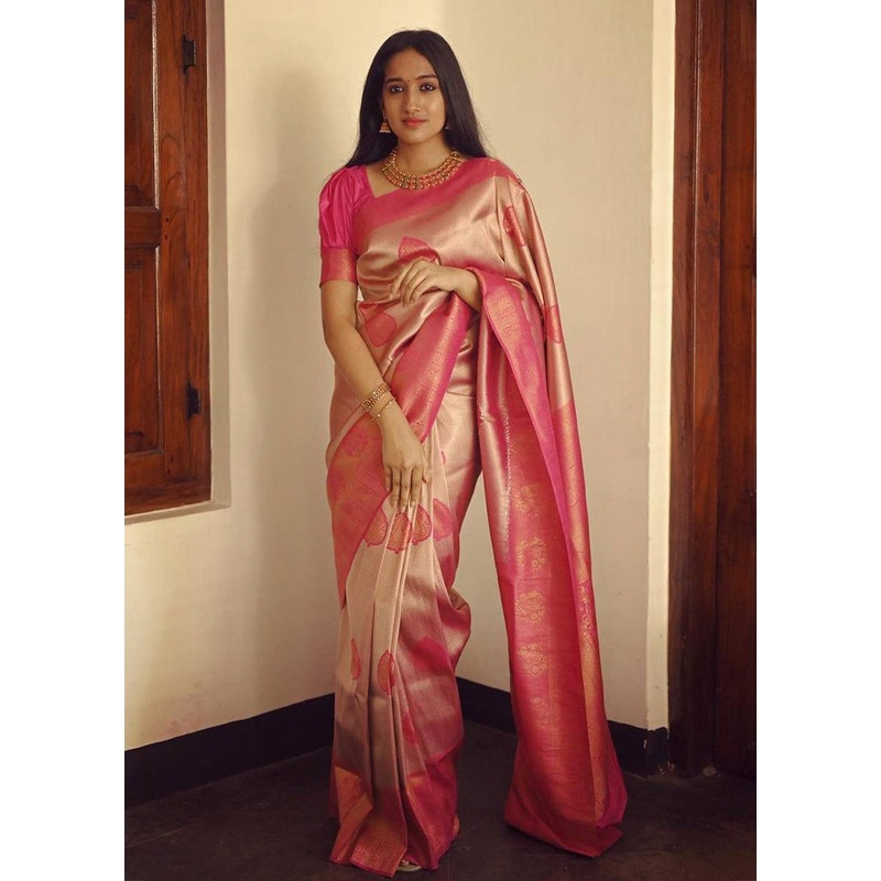 Peach Banarasi Silk Saree With Blouse Piece - JD986606150