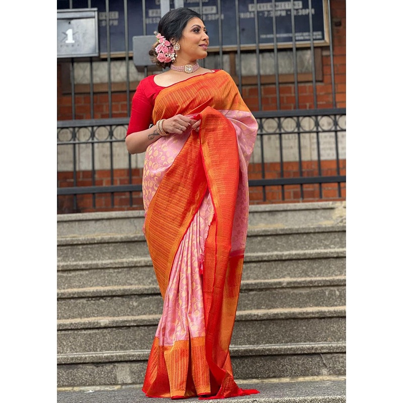 Pink Banarasi Silk Saree With Blouse Piece - JD986606146