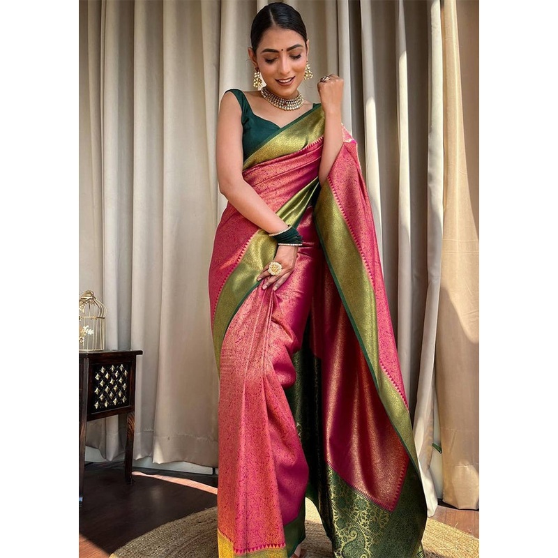 Pink Banarasi Silk Saree With Blouse Piece - JD986606148