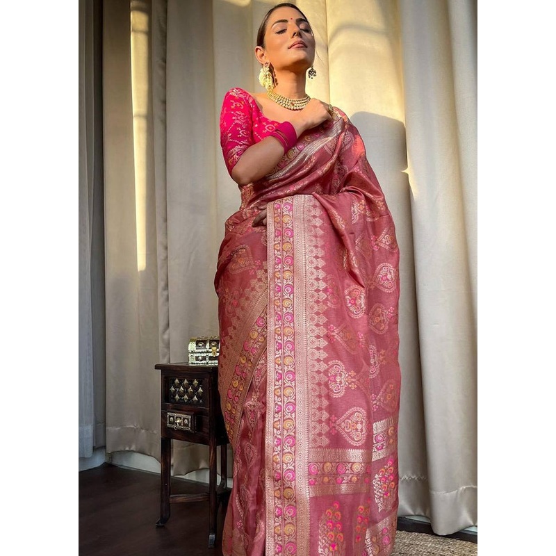 Pink Banarasi Silk Saree With Blouse Piece - JD986606149