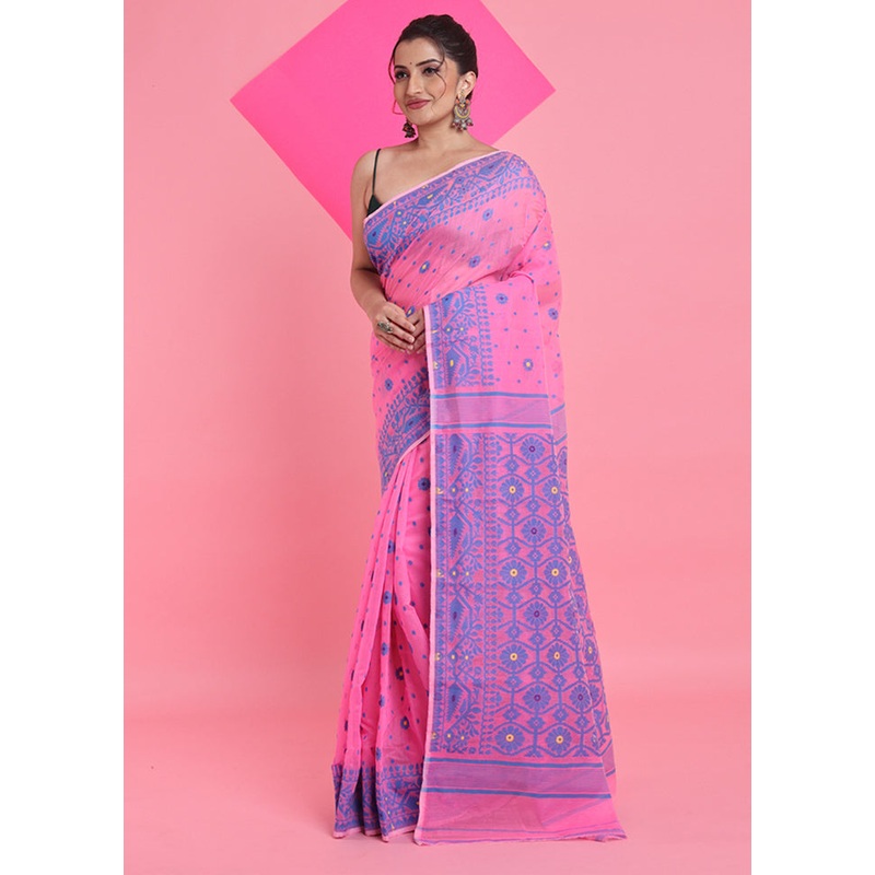 Pink Cotton Woven Work Saree Without Blouse Piece - JD986606261