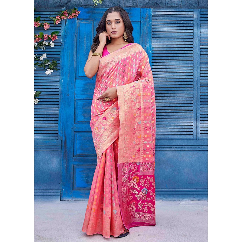 Pink Dupion Silk Saree With Blouse Piece - JD986606217
