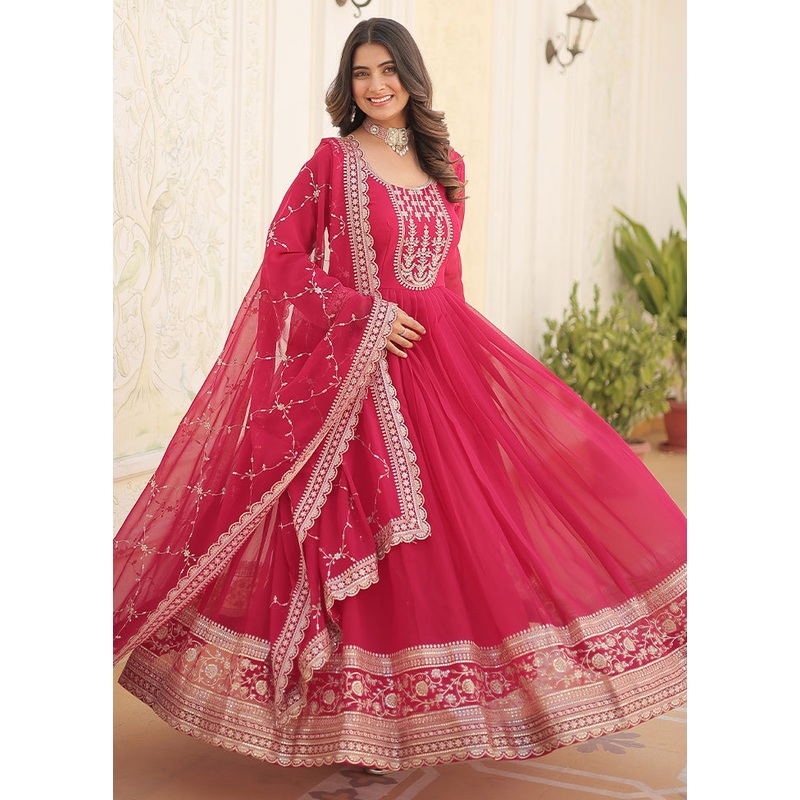 Pink Readymade Georgette Dupatta Indian Dress - JD986606099