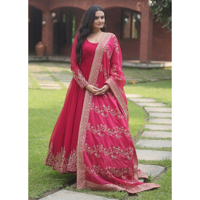 Pink Readymade Silk Dupatta Indian Dress - JD986606098