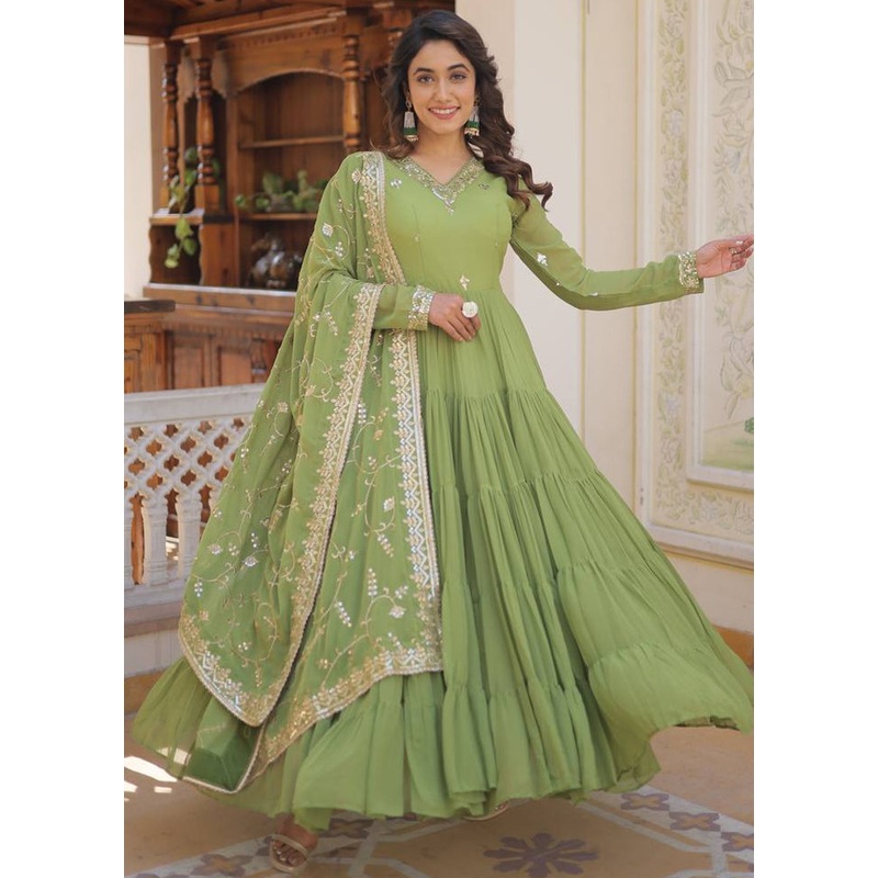 Pista Green Readymade Georgette Dupatta Indian Dress - JD986606095