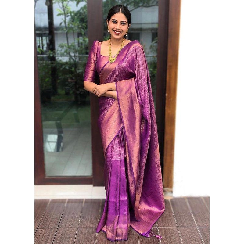 Purple Banarasi Silk Saree With Blouse Piece - JD986606144