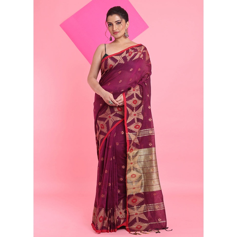 Purple Cotton Saree With Blouse Piece - JD986606258