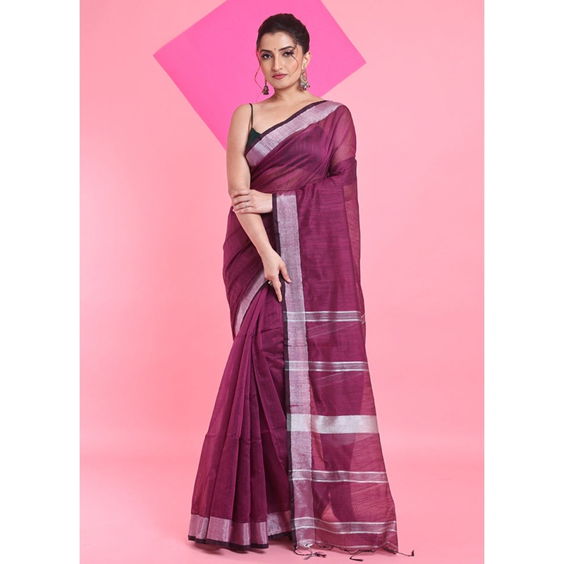 Purple Cotton Saree With Blouse Piece - JD986606259