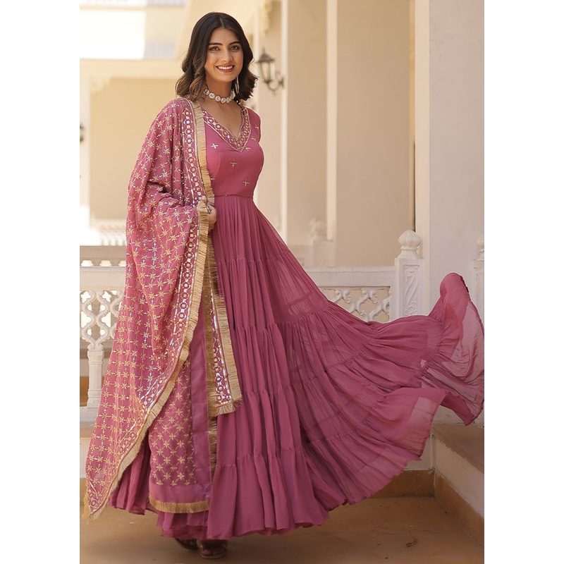 Purple Readymade Georgette Dupatta Indian Dress - JD986606092