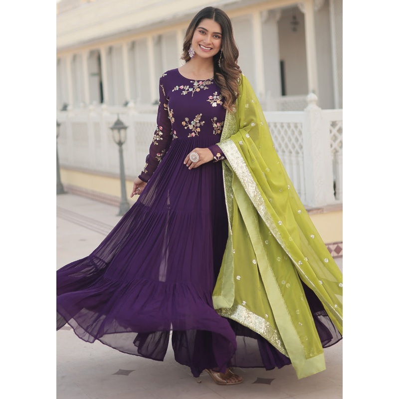 Purple Readymade Georgette Dupatta Indian Dress - JD986606093