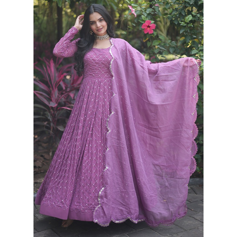 Purple Readymade Georgette Dupatta Indian Dress - JD986606094