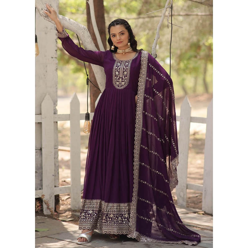 Purple Readymade Silk Dupatta Indian Dress - JD986606089
