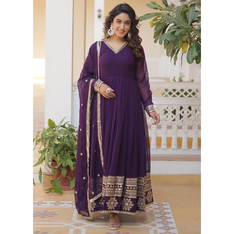 Purple Readymade Silk Dupatta Indian Dress - JD986606090