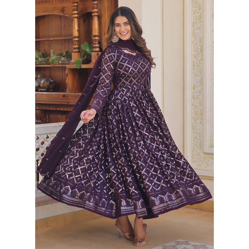 Purple Readymade Silk Dupatta Indian Dress - JD986606091