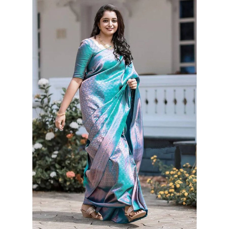 Rama Banarasi Silk Saree With Blouse Piece - JD986606138