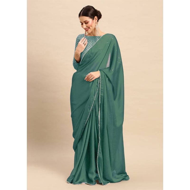Rama Green Satin Silk Saree With Blouse Piece - JD986606137
