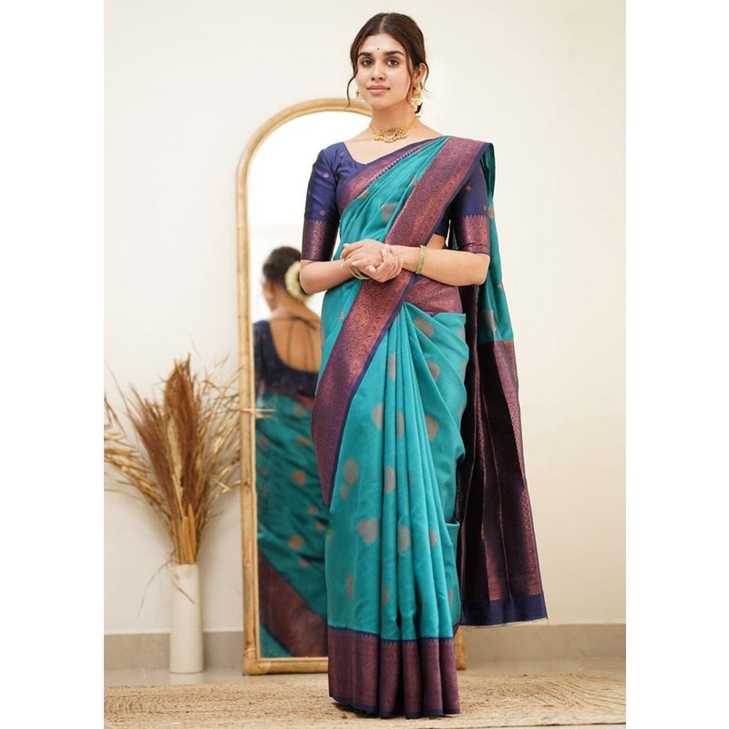 Rama Spun Silk Saree With Blouse Piece - JD986606136