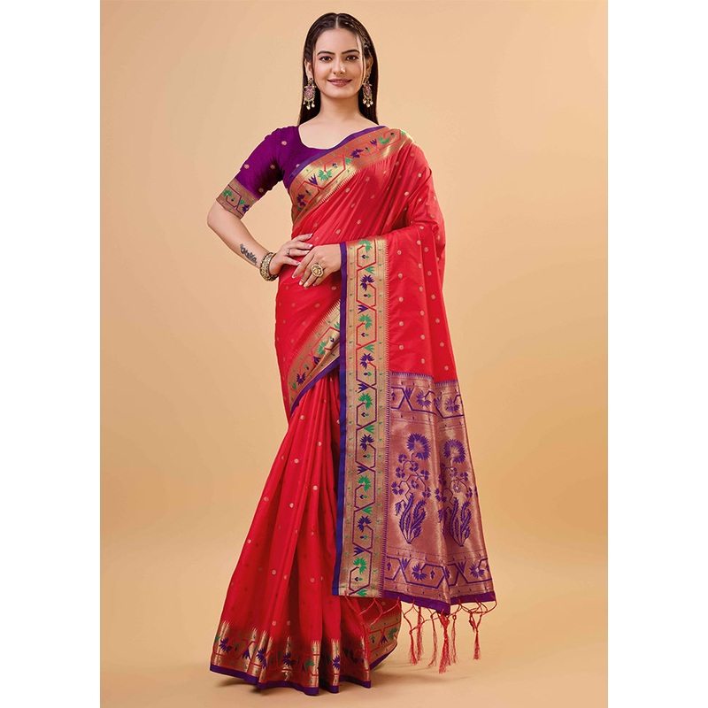 Red Banarasi Silk Saree With Blouse Piece - JD986606133