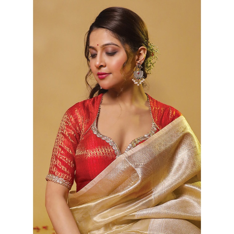 Red Brocade Designer Blouse - JD986606227