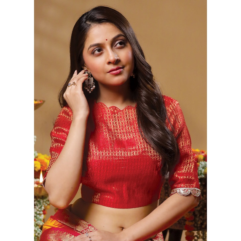 Red Brocade Designer Blouse - JD986606228