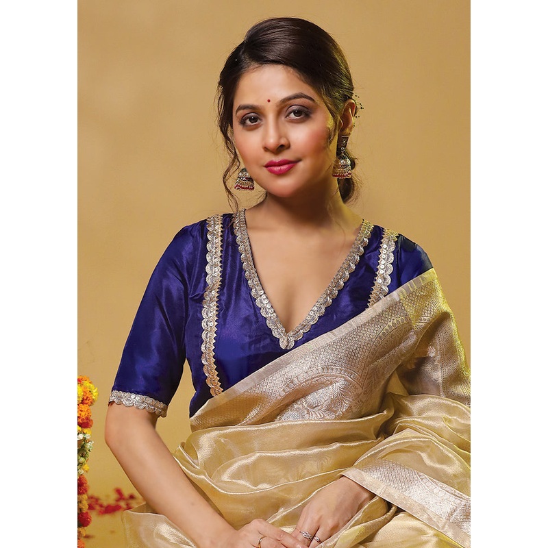 Royal Blue Pure Silk Designer Blouse - JD986606226