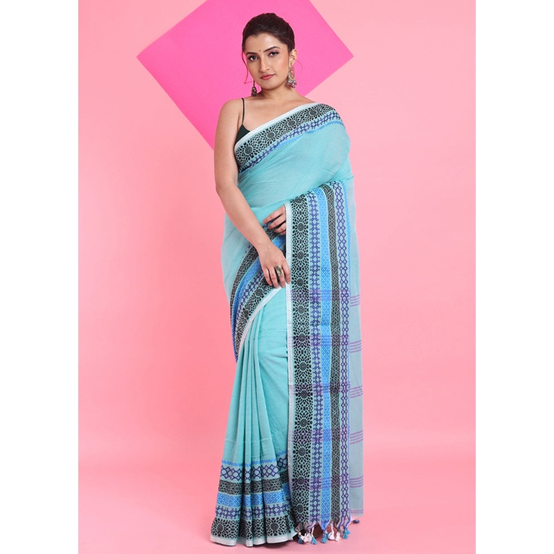 Sea Green Cotton Saree With Blouse Piece - JD986606255