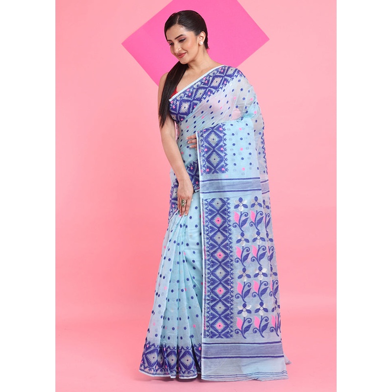 Sea Green Cotton Woven Work Saree Without Blouse Piece - JD986606252