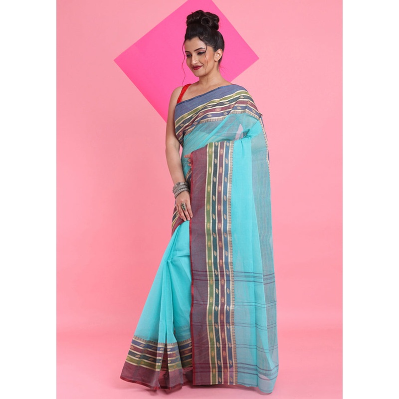 Sea Green Cotton Woven Work Saree Without Blouse Piece - JD986606253