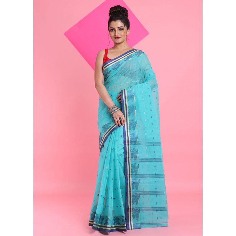 Sea Green Cotton Woven Work Saree Without Blouse Piece - JD986606254