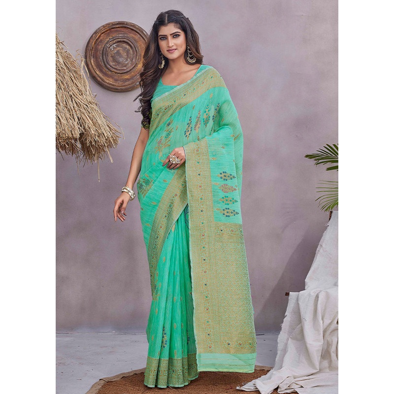 Sea Green Linen Silk Saree With Blouse Piece - JD986606209