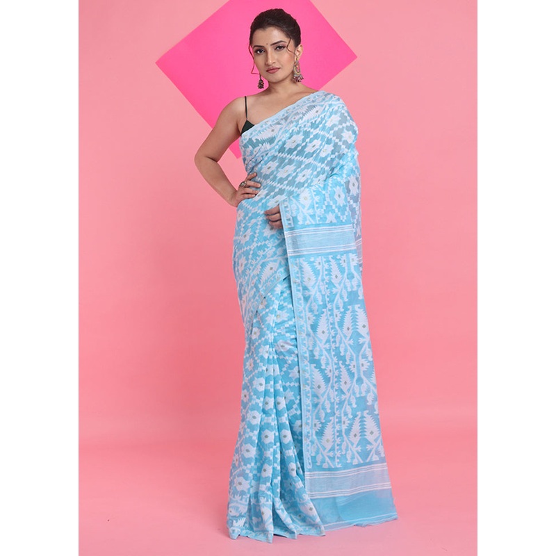 Sky Blue Cotton Woven Work Saree Without Blouse Piece - JD986606250