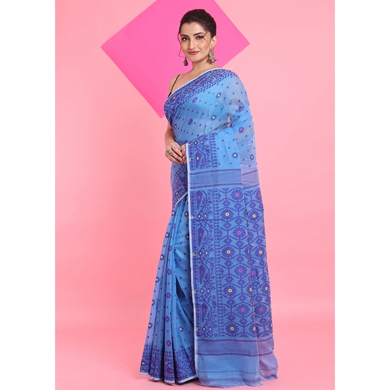 Sky Blue Cotton Woven Work Saree Without Blouse Piece - JD986606251