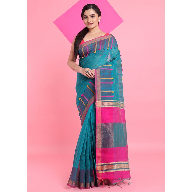 Teal Cotton Saree With Blouse Piece - JD986606248