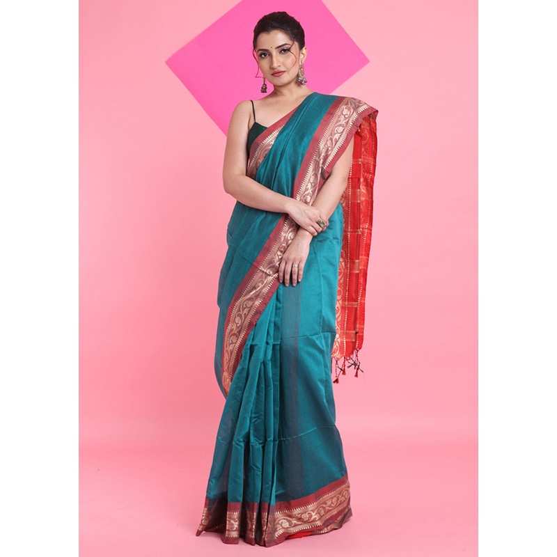 Teal Cotton Saree With Blouse Piece - JD986606249