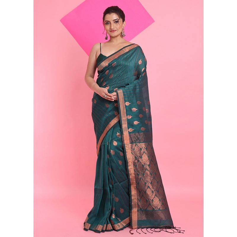 Teal Linen Silk Saree With Blouse Piece - JD986606246
