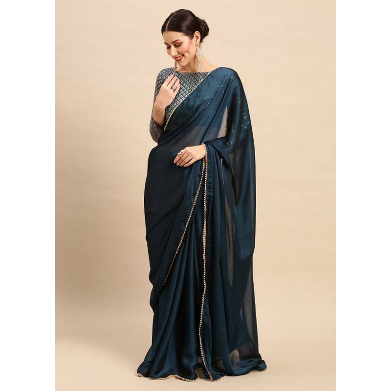 Teal Satin Silk Saree With Blouse Piece - JD986606130