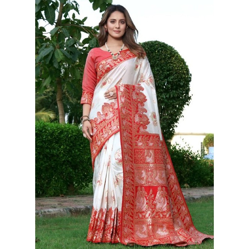 White Banarasi Silk Saree With Blouse Piece - JD986606127
