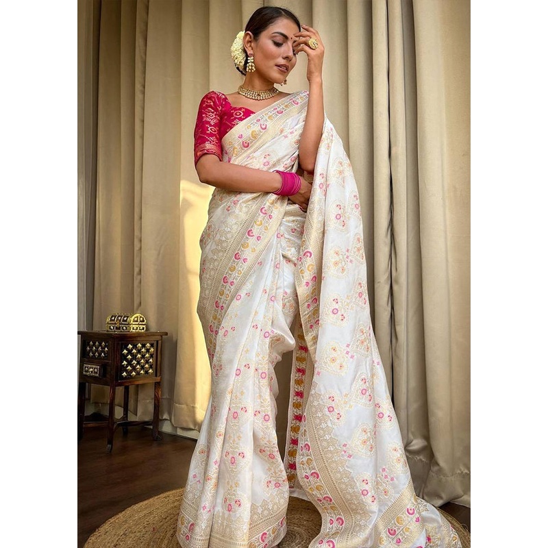 White Banarasi Silk Saree With Blouse Piece - JD986606128