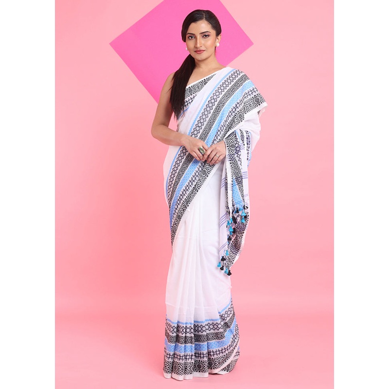 White Cotton Saree With Blouse Piece - JD986606245