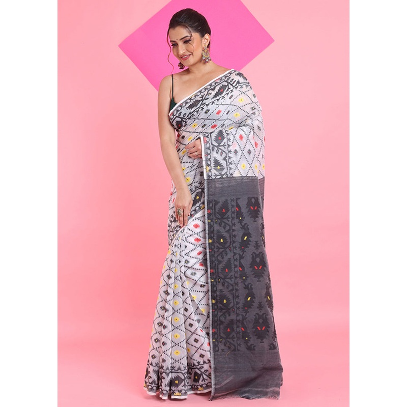 White Cotton Woven Work Saree Without Blouse Piece - JD986606244
