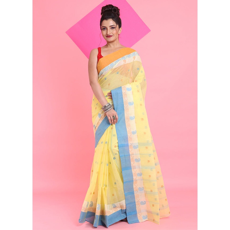 Yellow Cotton Woven Work Saree Without Blouse Piece - JD986606243