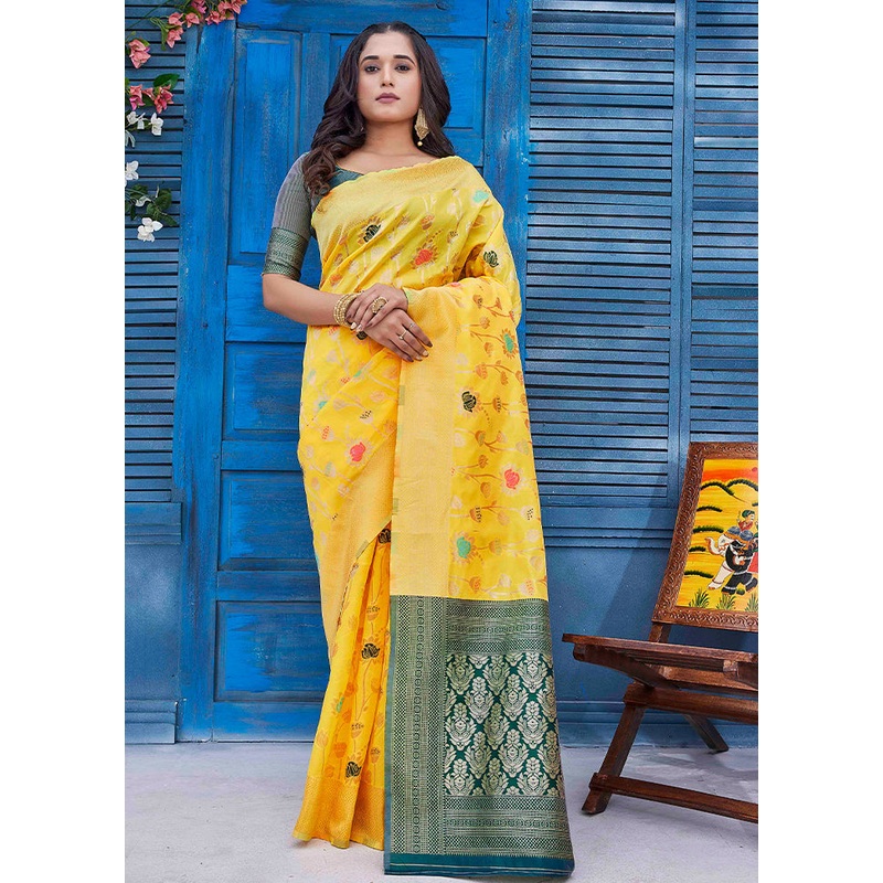 Yellow Dupion Silk Saree With Blouse Piece - JD986606207