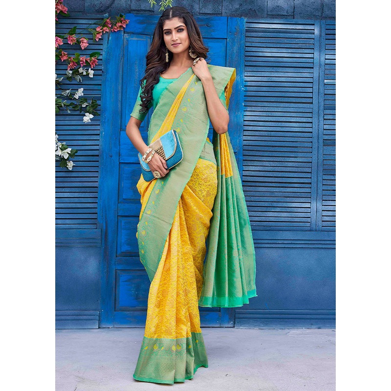 Yellow Dupion Silk Saree With Blouse Piece - JD986606208