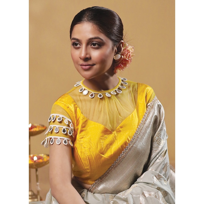 Yellow Pure Silk Designer Blouse - JD986606224