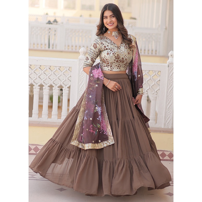 3 Pc Beige Georgette Semi Stitched Lehenga Set - JD986605929