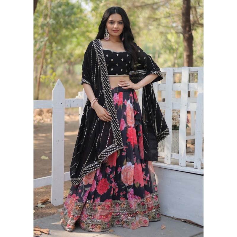 3 Pc Black Georgette Semi Stitched Lehenga Set - JD986605911
