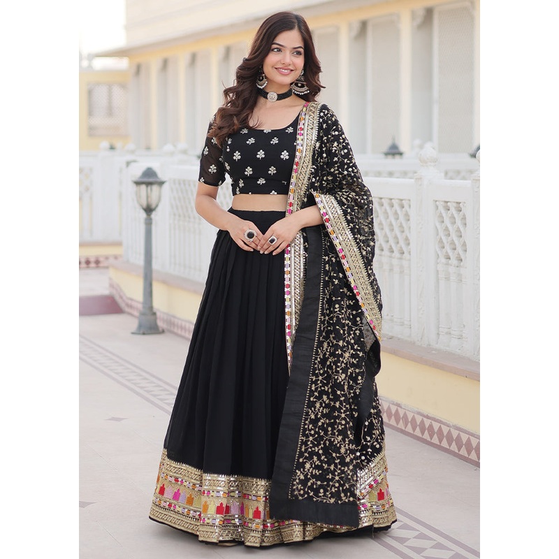 3 Pc Black Georgette Semi Stitched Lehenga Set - JD986605928
