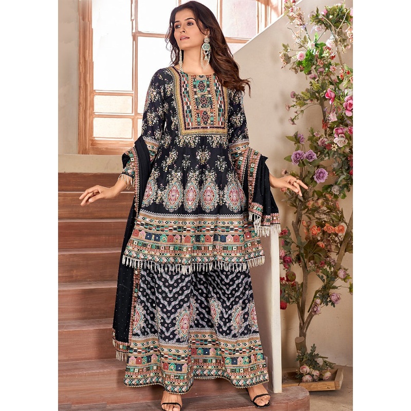 3 Pc Black Readymade Cotton Dupatta Suit Set - JD986606010