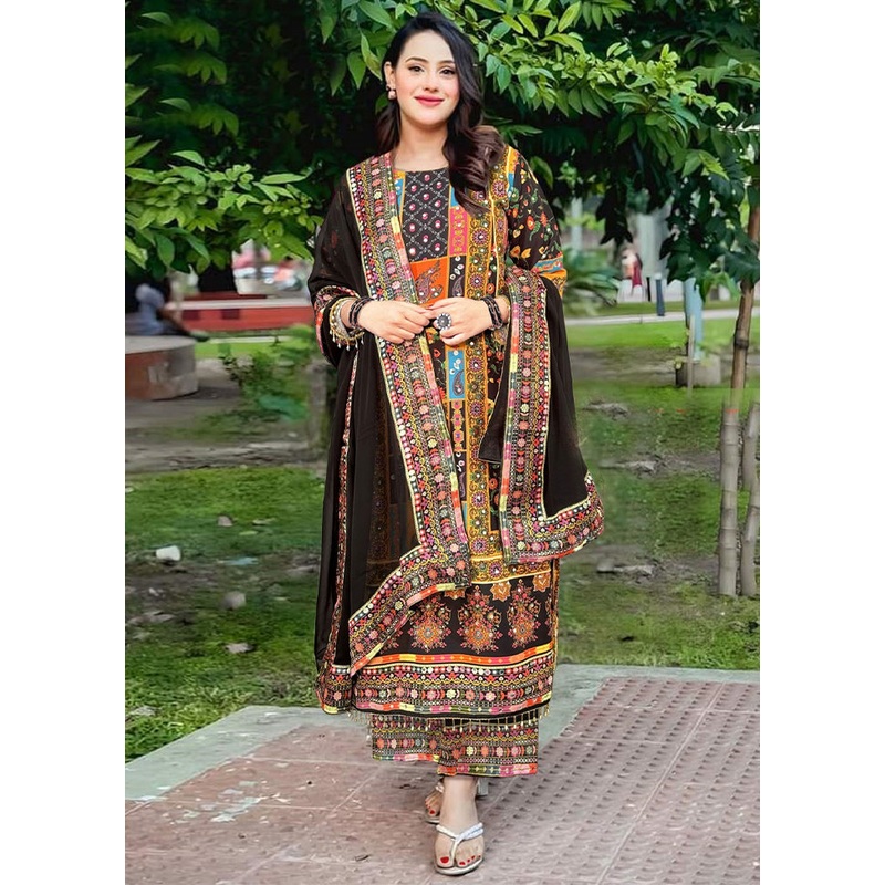 3 Pc Black Readymade Silk Dupatta Suit Set - JD986606008