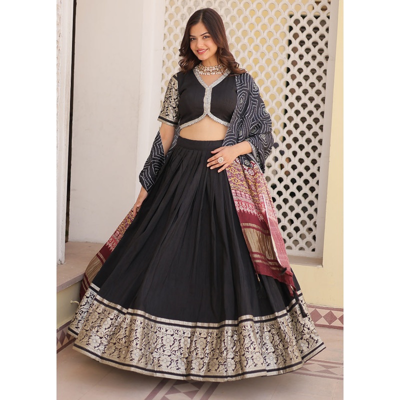 3 Pc Black Viscose Semi Stitched Lehenga Set - JD986605925